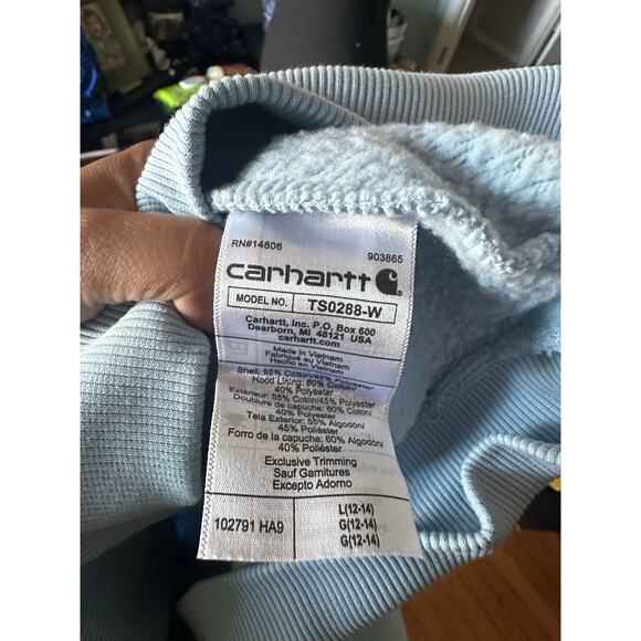 Carhartt Women’s Light Blue Graphic Hoodie | Relaxed Fit | Logo Sleeve - Picture 13 of 13